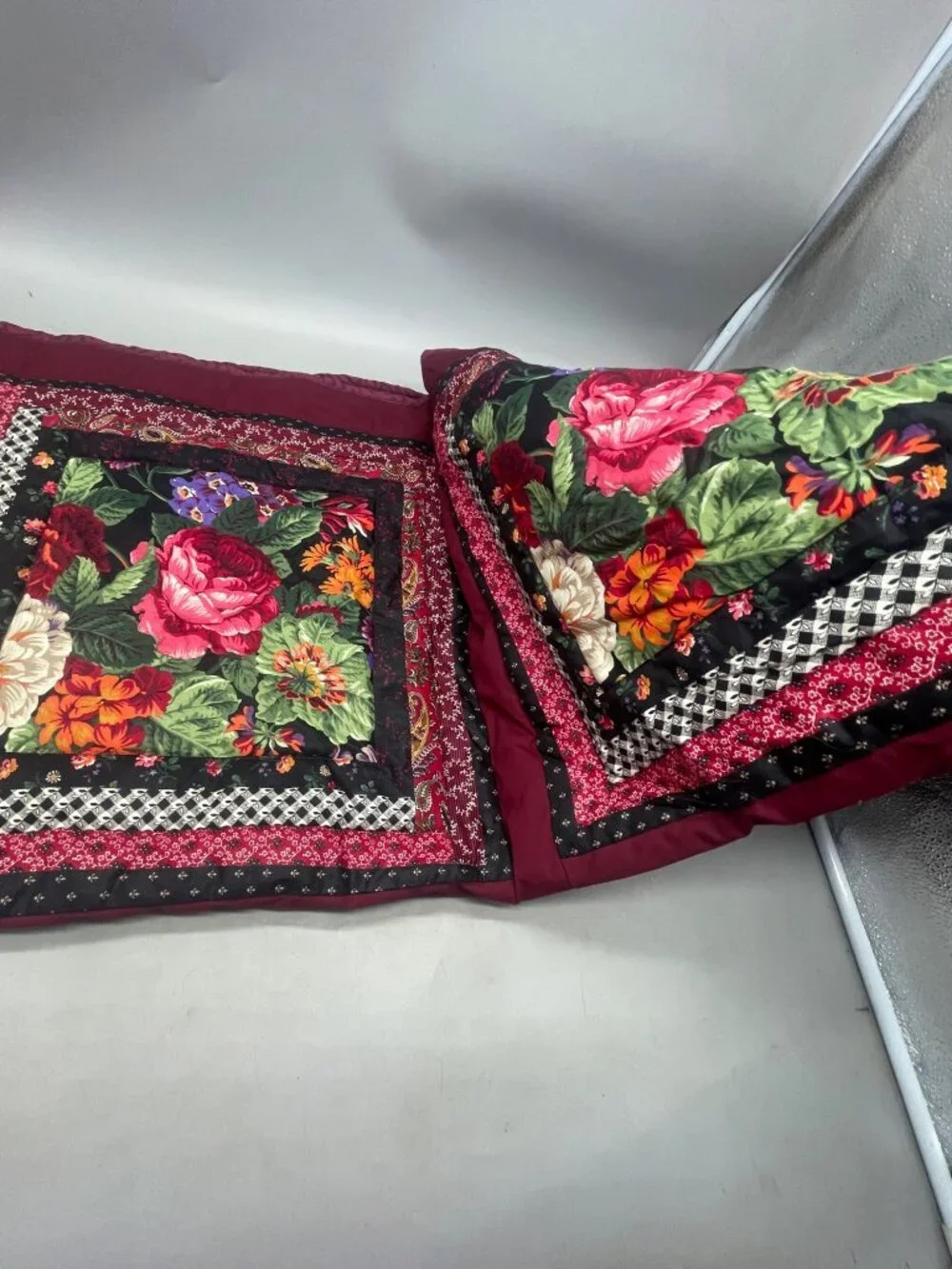 handmade baby blanket throw fashioned by Peggy Hanson patchwork floral red READ